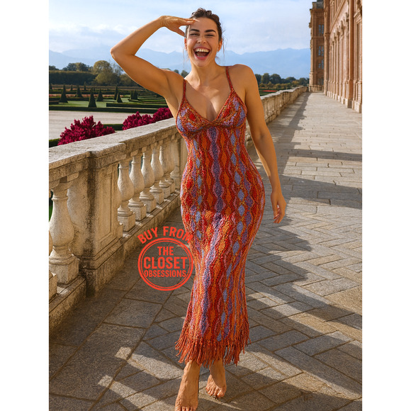 ZARA V-Neck Fringe Hem Multicolor Midi Dress NWT | Size M/L - Picture 3 of 16